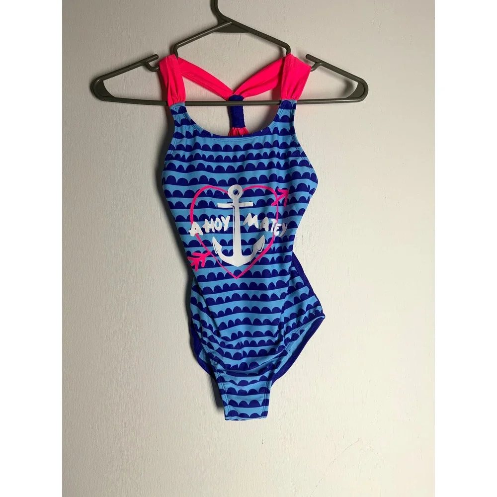 Circo Girls Blue Pink Ahoy Matey Anchor One Piece Swimsuit Size M 7/8 Nautical